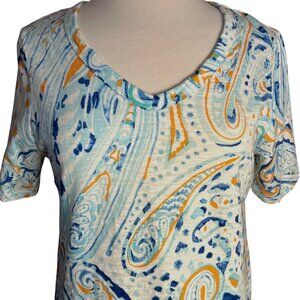 Chicos Women Size 1-M 8 Paisley Print V-Neck Short Sleeve Top Cotton & Modal